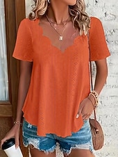 cheap Plain Blouses-Women's Pointelle Shirt Eyelet Top Blouse Eyelet Plain Active Basic Casual Short Sleeve V Neck Regular Tops Casual Daily Beach Black White Yellow Pink Wine Summer Spring