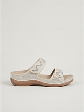abordables Mujeres-Sandalias blancas de cuña cómodas para mujer: sandalias planas con doble tira adornadas con brillantes pedrería y suela de plataforma ortopédica para resorts al aire libre y vacaciones en la playa.