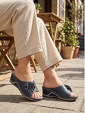 preiswerte Rutschsandalen-Offene Damen-Sandalen zum Hineinschlüpfen mit Keilabsatz und Blumendekor – atmungsaktiv, bequem und stylisch für den lässigen Sommerlook