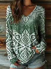 voordelige Boho t-shirt-Dames T-shirt Afdrukken Grafisch Vintage Casual Boho Lange mouw V-hals Normale tops Dagelijks Groen Lente Herfst