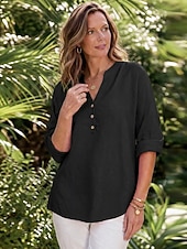 cheap Shirts-Women's Linen-feel Shirts Blouse Buttons Solid Color Stylish Casual Long Sleeve V Neck Regular Tops Daily Blue Black White Pink Spring Fall