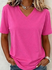  Femmes T-shirt Chemise en coton Couleur Unie Mode Élégant Basique Manche Courte Col en V Hauts Réguliers Occasionnel Quotidien Sortir Bleu Blanche Vert Claire Rose Claire Rouge Été Printemps