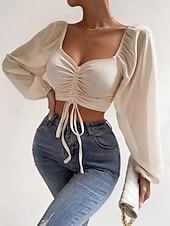 tanie Chiffon Tops-Damskie Koszula Bluzka Bluzki z szyfonu Z marszczeniami Równina Elegancki Podstawowy Klasyczny Długi rękaw W serek Zwykłe topy Codzienny Impreza Święto Niebieski Czerwonobrązowy Czarny Biały