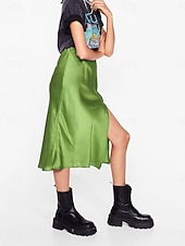 economico Gonne Formali-Per donna Gonne in raso Elegante Moda Midi Vita Alta Gonne Semplice Con Spacco Micro-elastico Feste Data Nero Champagne Marrone Verde Estate