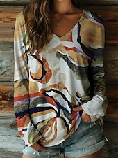 economico Maglietta Arte &amp; Design-Per donna Maglietta Stampato Grafico Blocco di colori Elegante Casual Manica Lunga Scollo a V Top Regolari Quotidiano Cachi Primavera Autunno