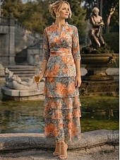 preiswerte Knöchellänge-A-Linie Kleid Knöchellänge Cocktailkleid Brautmutterkleid Dreiviertelarm V Ausschnitt Elegant Lässig Formell Hochzeitsgast Ferien Chiffon mit Blumenmuster Rüschen Kaskadierende Rüschen
