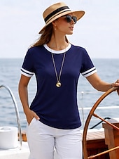 economico T-shirt a righe e geometrico-Per donna Maglietta Blocco di colore Stampato Grafico Geometrico Oceano Vintage Moda Elegante Manica Corta Girocollo Top Regolari Quotidiano Blu Bianco Rosso Blu marino Estate Primavera