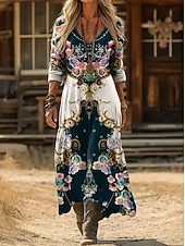 preiswerte Ethnisches Boho-Kleid-Damen Maxikleid Sommerkleid Urlaub Lässig Boho Täglich Normale Passform Blumen Grafik Paisley-Muster Langarm V Ausschnitt Schwarz Rote Grün Sommer Frühling