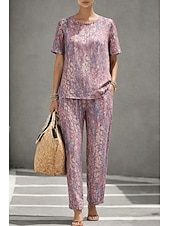 preiswerte Blusenanzüge für Damen-Damen Baumwoll-Leinen-Sets Kurzarm Rundhals Grafik Abstrakt Elegant Bohemien Aktiv Lässig Täglich Blau Rote Purpur Sommer Normale Passform
