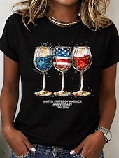 abordables Día de la Independencia Top-día de la independencia americana Mujer Camiseta Estampado Graphic Bandera Copa de vino Elegante Clásico Casual Manga Corta Cuello Barco Tops regulares Diario Azul Piscina Blanco Amarillo Rojo Negro