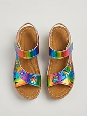 economico Sandali con zeppa-Sandali con zeppa casual colorati da donna – scarpe estive decorate con fiori, sandali aperti con velcro regolabili per feste in giardino e viaggi &amp;abbigliamento quotidiano