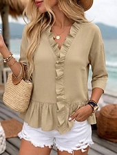 tanie Gładkie bluzki-Koszula damska 100% bawełniana bluzka koszula z falbanami patchwork jednolity kolor casualowa stylowa klasyczna nowoczesna długi rękaw dekolt w serek regularne bluzki na co dzień wakacje na wyjście