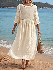 economico Vestito bianco-Per donna Abito Midi Abito a trapezio Casual All'aperto Spiaggia Uscire Vestibilità comoda Tinta unica Manica 3/4 Scollo a V Blu Nero Giallo Rosa Estate Primavera