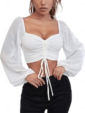 tanie Chiffon Tops-Damskie Koszula Bluzka Bluzki z szyfonu Z marszczeniami Równina Elegancki Podstawowy Klasyczny Długi rękaw W serek Zwykłe topy Codzienny Impreza Święto Niebieski Czerwonobrązowy Czarny Biały