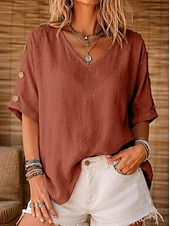 economico Camicie-Per donna Camicia Camicie di cotone e lino Blusa Bottoni Tinta unica Essenziale Casual Manica Corta Manica a pipistrello Collo a U Top Regolari Casuale Quotidiano Bianco Giallo Verde chiaro Rosa Rosso