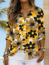 preiswerte Blumenblusen-Damen Hemd Tunika Sommeroberteile Knöpfe Blumen Grafik Urlaub Vintage Täglich Langarm V Ausschnitt Normale Oberteile Täglich Ferien Ausgehen Blau Gelb Rote Grün Sommer Frühling