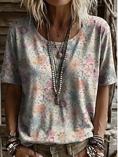 cheap Boho tee-Women's T Shirt Print Floral Graphic Plants Vintage Stylish Casual Short Sleeve V Neck Regular Tops Casual Daily Weekend Blue White-Blue Light Beige Beige Summer Spring