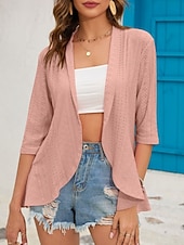 זול ז'קטים מזדמנים-בגדי ריקוד נשים ז'קט קז'ואל נוח נושם לגזור יום יומי אחיד חופשה רחוב לבוש יומיומי ליציאה חזית פתוחה רגיל ללא צווארון רגיל שרוול 4\3 הלבשה עליונה שחור לבן ורוד מסמיק אביב סתיו