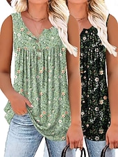 cheap Plain Tank-Multi Packs 2pcs Women's V Neck Sleeveless Yellow+Blue Tank Sleeveless Shirt Tee Top Floral Casual Daily Polyester Summer