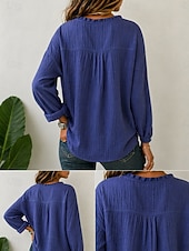 cheap Shirts-Women's 100% Cotton Casual Shirt Ruched Ruffle Solid Color Plain Stylish Casual Long Sleeve Bishop Sleeve V Neck Regular Tops Casual Purple Summer Spring