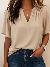 abordables Blusas Elegantes-Mujer Camisa Blusa Tops de gasa Elegante Básico Manga Corta Escote en Pico Tops regulares Casual Azul Piscina Patrón blanco Vino Verde Trébol Beige Verano