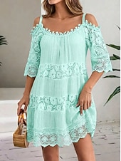 halpa Boho-mekko-Naisten Mini mekko Valkoinen mekko Valmistujaismekko Pitsimekko Boho-mekko Tyylikäs Perus Moderni Loma Loose Fit Puhdas väri Puolihiha Tiukka pyöreä kaula-aukko Musta Valkoinen Apila Vaalean sininen