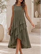 cheap Plain Dress-Women's Midi Dress Sundress White Dress A Line Dress Summer Dress Vacation Casual Boho Daily Holiday Summer Dress Regular Fit Plain Sleeveless Crew Neck Black White Red Army Green Summer