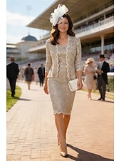 abordables Conjuntos de vestidos para mamá-Dos Piezas Traje de vestir Hasta la Rodilla Vestido Invitada Boda Vestido de Madrina Manga 3/4 Escote Cuadrado Elegante Formal Invitado a la boda Noche formal Encaje con Encaje