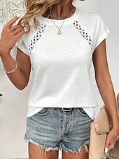 cheap Lace Tops-Women's Eyelet Top Pointelle Tee Lace T-shirt Graphic Plain Vintage Stylish Short Sleeve Crew Neck Regular Tops Casual Daily Weekend White Summer Spring
