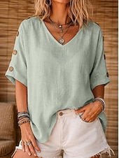 economico Camicie-Per donna Camicia Camicie di cotone e lino Blusa Bottoni Tinta unica Essenziale Casual Manica Corta Manica a pipistrello Collo a U Top Regolari Casuale Quotidiano Bianco Giallo Verde chiaro Rosa Rosso