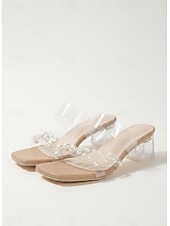 cheap Slide Sandals-Women's Clear PVC Heels with Pearl Accents and Block Heel, Perfect for Weddings and Formal Events