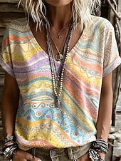 billige Boho t-skjorte-Dame T skjorte Trykt mønster Grafisk Geometrisk Stamme Stilfull Fritid Kortermet V-hals Vanlige topper Avslappet Daglig Gul Lilla Oransje Brun Sommer Vår