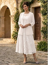 preiswerte Mamas Kleidersets-Zweiteilig A-Linie Knöchellänge Tee-Länge Kleid für Hochzeitsgäste Brautmutterkleid Ärmellos Dreiviertelarm Rundhalsausschnitt Elegant Einfach Minimalistisch Formell Semi-Formal Chiffon Spitze mit