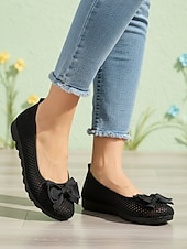 abordables Ballerines femme-Ballerines noires en maille pour femme, respirantes, ornées d'un nœud décoratif, à enfiler, confortables et décontractées, idéales pour le bureau et le quotidien. &amp; été