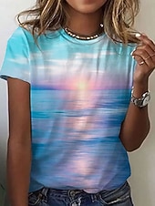 abordables T-shirt Art &amp; Design-Femmes T-shirt Imprimé A Ombre Graphique Bohème Hawaïen Élégant Manche Courte Col ras du cou Hauts Réguliers Quotidien Bleu Rose Claire Violet Été Printemps