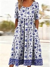 economico Abiti casual floreali-Per donna Abito Midi Abito a Tubino Vacanza Casual Boho Quotidiano Abito Estivo Abito Primaverile Vestibilità regolare Floreale Grafico Mezza Manica Girocollo Blu Fucsia Estate Primavera
