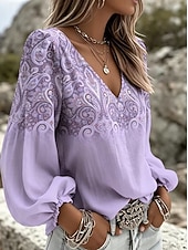 billige Kunst og Design Bluser-Dame Skjorte Boho skjorte Trykt mønster Blomstret Grafisk Paisly Elegant Bohem Ferie Langermet V-hals Lange topper Avslappet Daglig Ferie Lysegrønn Lys Lilla Oransje Sommer Vår