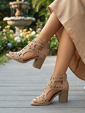 abordables Sandales à talons-Sandales à talons carrés camel pour femmes – bottines à bout ouvert avec découpe laser, fermeture éclair à l'arrière, élégantes pour une garden-party &amp;vêtements d'été
