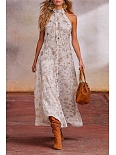 economico Abiti floreali-Per donna Abito Midi Vestito Estivo Abito a trapezio Vestito all'americana Abito a spalle scoperte Vacanza Festa Boho All'aperto Spiaggia Feste Floreale Grafico Senza Maniche All'americana Bianco