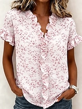 abordables Blouses Florales-Femmes Chemise Tunique A Volants Fleuri Graphique Élégant Mode Quotidien Manche Courte Col en V Hauts Réguliers Occasionnel Quotidien Bleu Rose Claire Violet Vert Été Printemps
