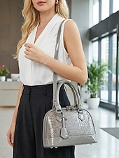 abordables Bolsos de mano y tote-Conjunto de tres bolsos de mujer de piel sintética charol con relieve de cocodrilo, bolso bandolera multicolor con asa superior y correa ajustable, monedero y tarjetero para viajes y uso casual.