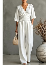 preiswerte Urlaubsoverall-Damen Overall Elegant Einfarbig Halbarm Weites Bein V Ausschnitt Patchwork Tasche Täglich Urlaub Normale Passform Schwarz Weiß Gelb Sommer
