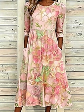 economico Abiti casual floreali-Per donna Abito Midi Abito a Tubino Vacanza Casual Boho Quotidiano Abito Estivo Abito Primaverile Vestibilità regolare Floreale Grafico Mezza Manica Girocollo Rosa Azzurro cielo Beige Estate Primavera
