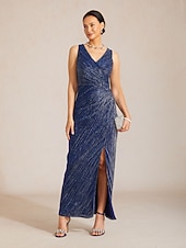 billiga Blommig klänning-Dam Maxiklänning Sheath Dress Wrapklänning Elegant Kvällsfest Bröllopsgäst Plisserad Metallisk Normal Ensfärgat Ärmlös V-hals Marinblå