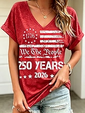  American Independence Day Women's T Shirt Print Graphic American Flag Vintage Stylish Classic Short Sleeve V Neck Regular Tops Casual Daily Weekend Blue Black Red Summer Spring