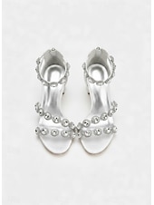 abordables Sandalias de tacón-Sandalias de tacón cuadrado de satén azul para mujer: zapatos de noche adornados con diamantes de imitación y correa en el tobillo para banquetes formales y cócteles.