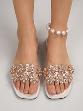 cheap Slide Sandals-Women's Crystal Floral Flat Sandals, Open Toe Slip-On Dress Slides for Resort Dinner, Vacation &amp; Summer Evening Occasions