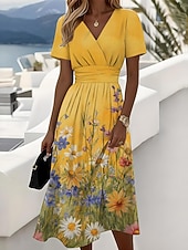  Per donna Abito Midi Abito a Tubino Vacanza Casual Boho Quotidiano Abito Estivo Abito Primaverile Vestibilità regolare Floreale Grafico Manica Corta Scollo a V Blu Giallo Rosa La luce rossa Estate