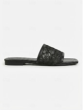 cheap Slide Sandals-Women's White Embroidered Mesh Slide Sandals – Floral Lace Design, Square Toe, Romantic Beach Style for Summer Vacations and Casual Wear