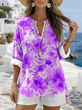 Χαμηλού Κόστους Λουλουδάτες μπλούζες-Γυναικεία Μπλούζα Στάμπα Φλοράλ Γραφική Βίντατζ Καθημερινά Στυλάτο Μακρυμάνικο Λαιμόκοψη V Κανονικά μπλουζάκια Causal Καθημερινά Αργίες Θαλασσί Κίτρινο Βυσσινί Πορτοκαλί Καλοκαίρι Άνοιξη